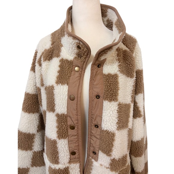 NEW Checkerboard Sherpa Fleece 2XL Tan White Jacket Button Snap Collar Pockets - Picture 3 of 8